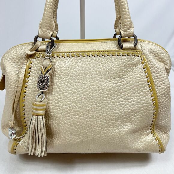 Brighton Metallic Cream Pebbled Leather Dual Handle Satchel U197302 Tassel Charm - Picture 3 of 14